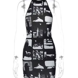 Black and White Graphic Print Halter Dress